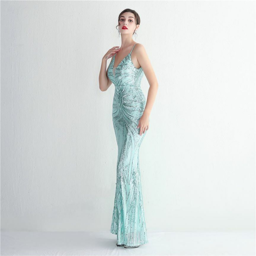 Low Back Spaghetti Mermaid Evening Gown (Light Green) (Made To Order)