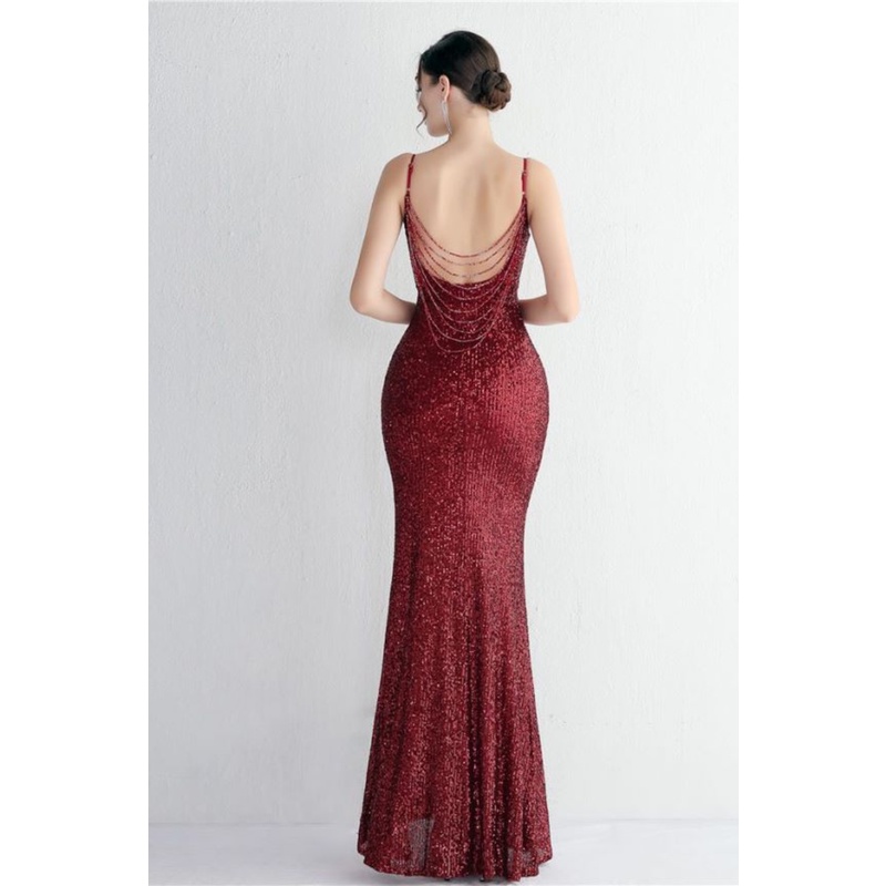 Spaghetti V Neck Sequins With Back Chain Evening Gown (Maroon) (Made To Order)