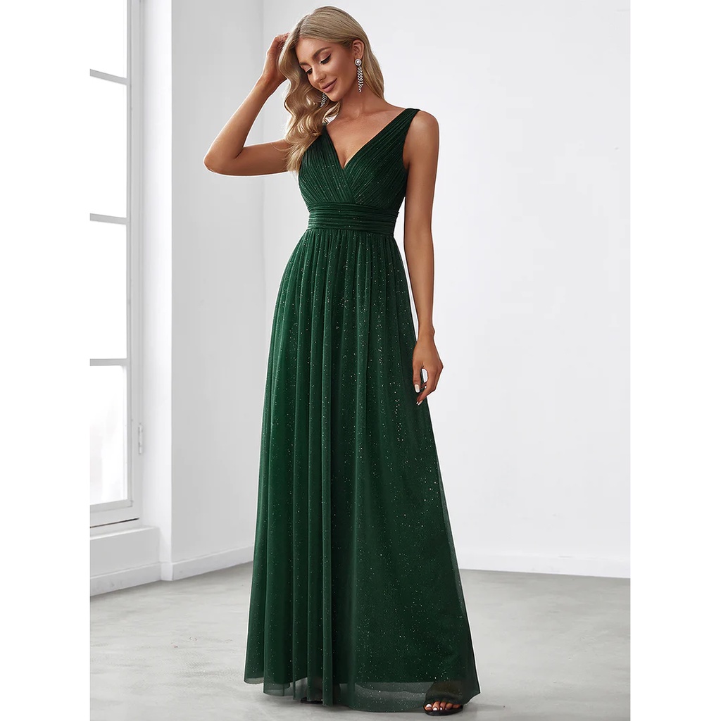 Pleated V Neck Shimmery Evening Dresses (Green) (Made To Order)