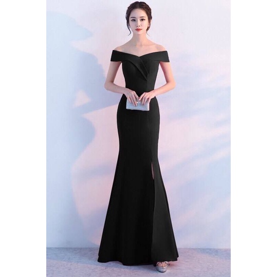 One Shoulder Fitted Slim High Slit Evening Gown (Black) (Made To Order)