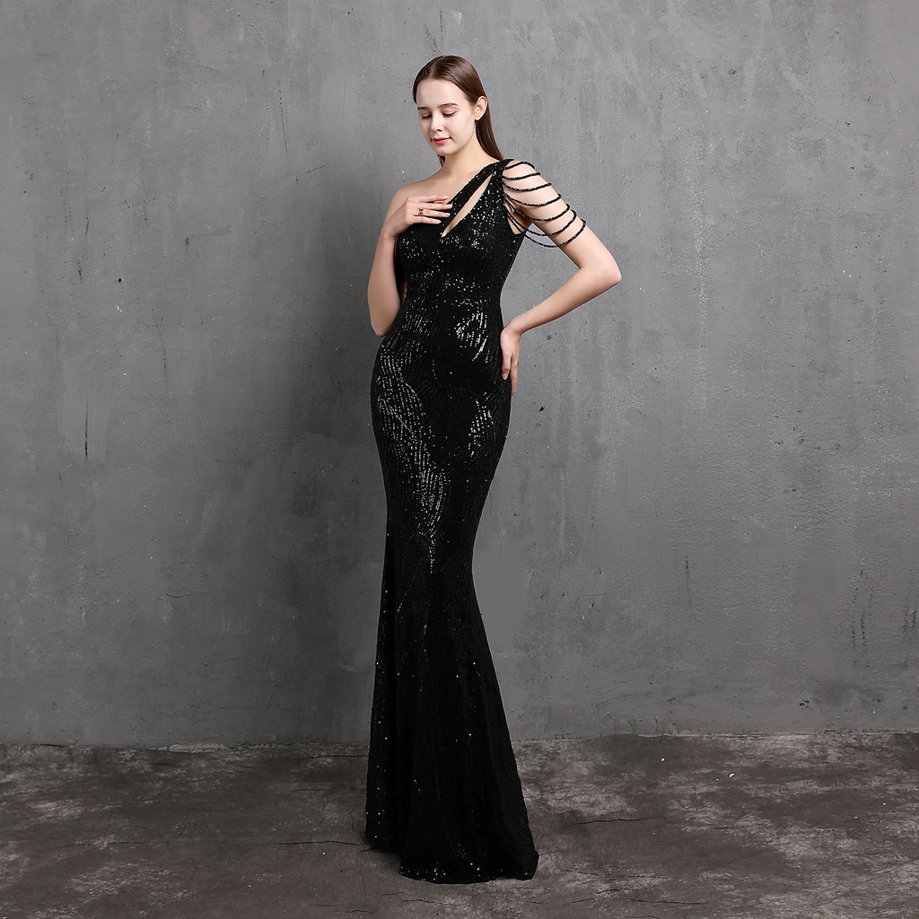 One Side Off Shoulder with Crystal Beads Sleeve Mermaid Evening Gown (Black) (Made To Order)