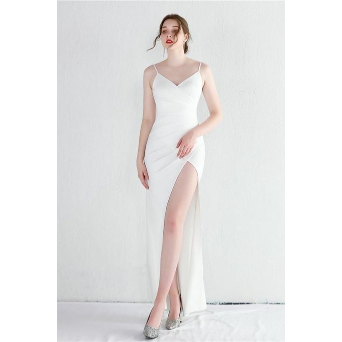 Spaghetti Gather Waist High Slit Evening Gown (White) (Made To Order)