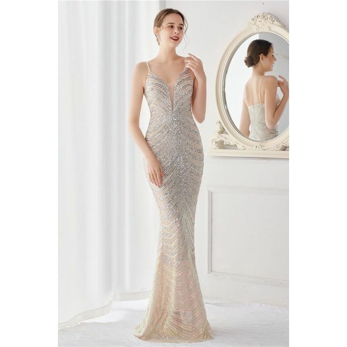 Spaghetti Strap With Waves Sequins Evening Gown (Silver) (Made To Order)