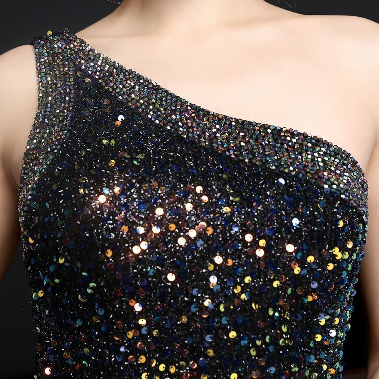 Beads One Side Off Shoulder Sequins Evening Gown (Two Tone Black) (Made To Order)