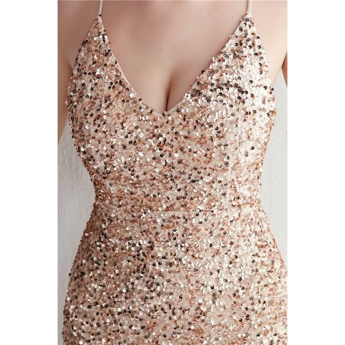 Gorgeous Open Back Spaghetti Evening Gown (Gold) (Made To Order)