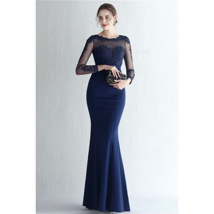 Elegant Long Sleeve Lace Mermaid Evening Gown (Navy Blue) (Made To Order)