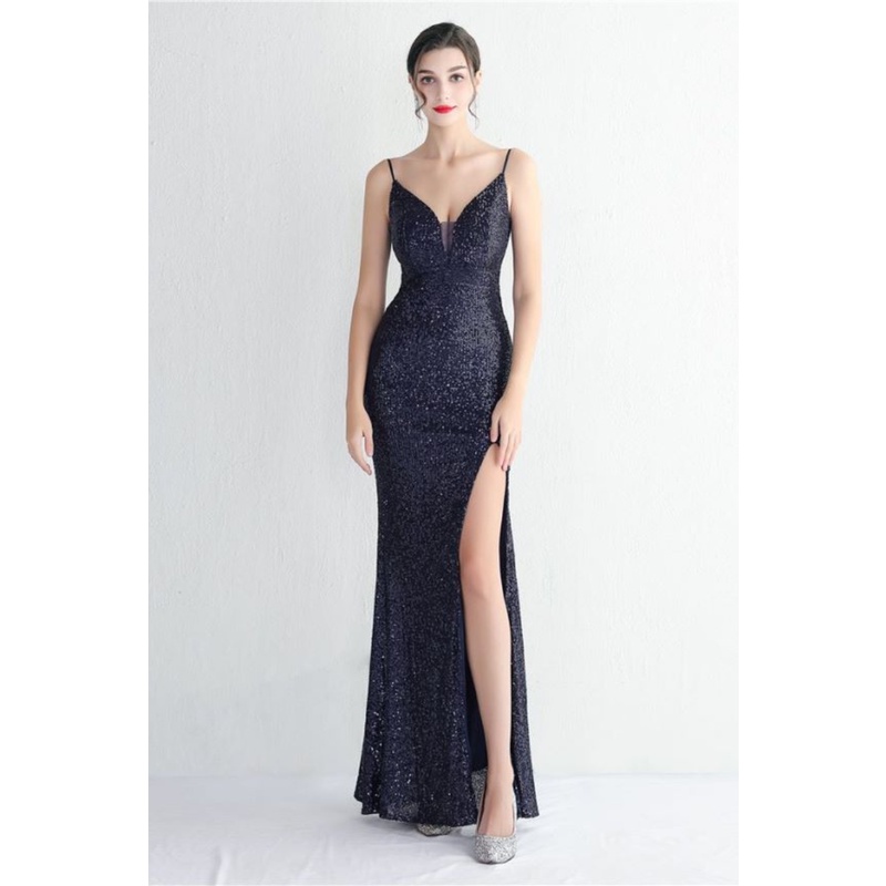 Spaghetti V Neck Sequins With Back Chain Evening Gown (Navy Blue) (Made To Order)