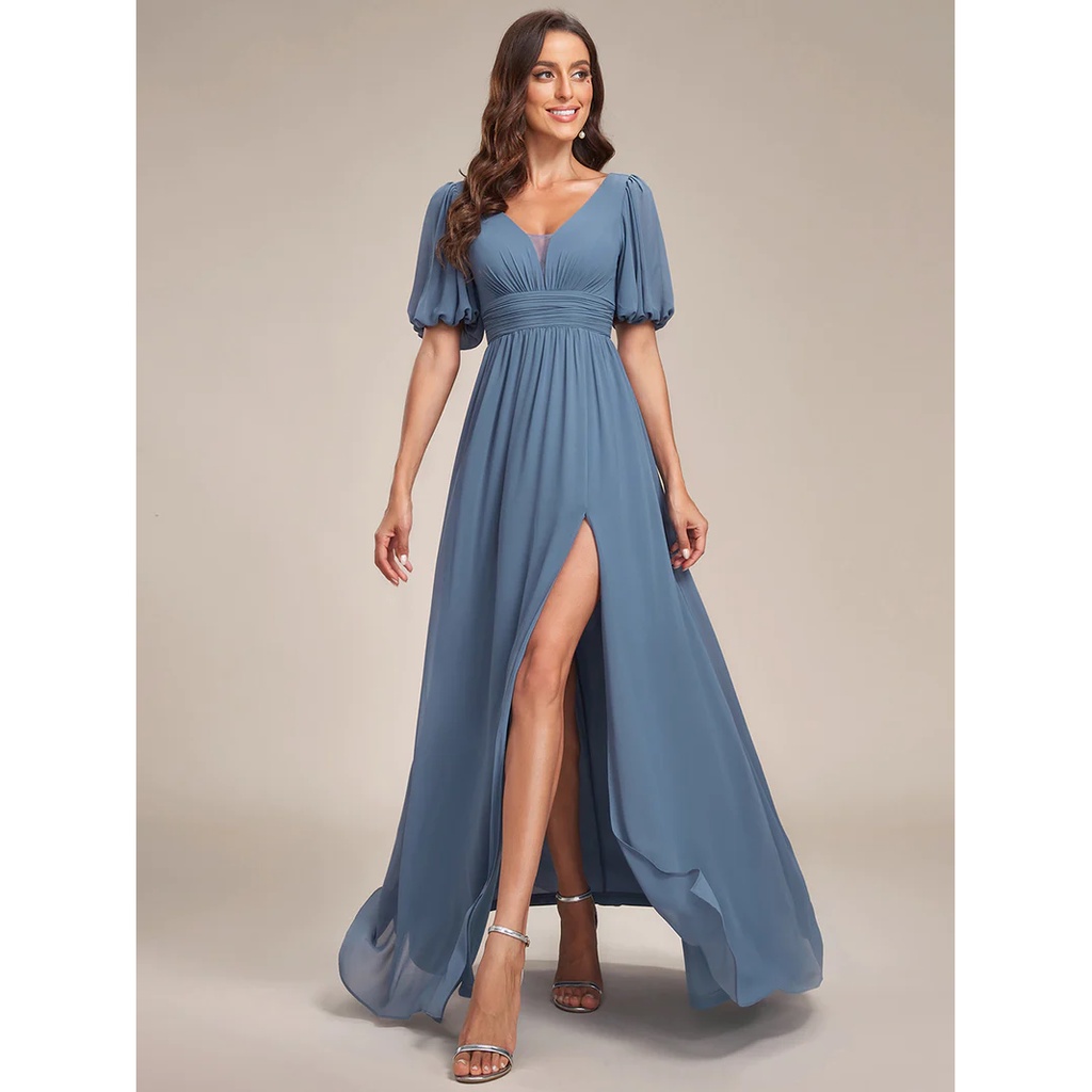 Puffy Sleeves With High Slit Evening Dress (Dusty Blue) (Made To Order)