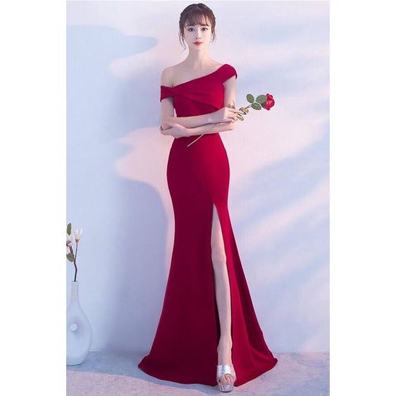 Assymetric One Side Shoulder Bodycon Evening Gown (Red) (Made To Order)