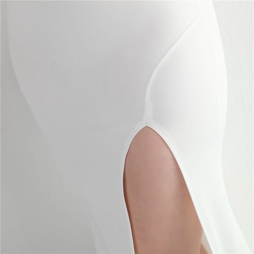 One Side Off Shoulder with High Slit Evening Dress (White) (Made To Order)