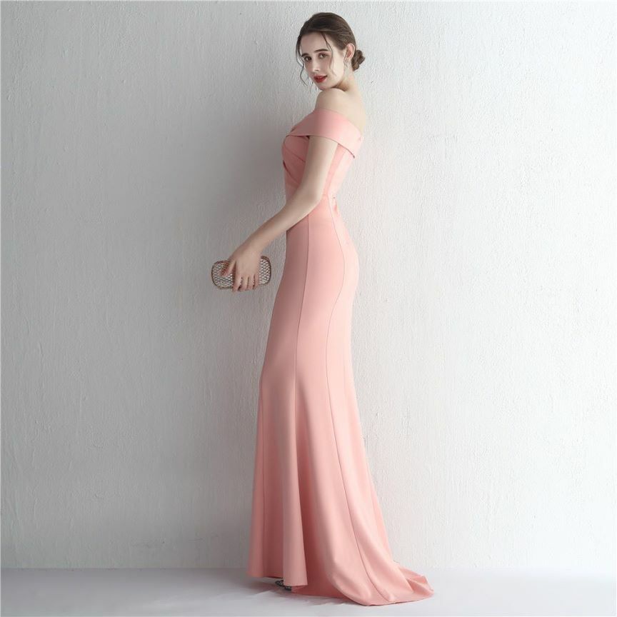 Off Shoulder Twist Slim Mermaid Long Evening Gown (Pink) (Made To Order)
