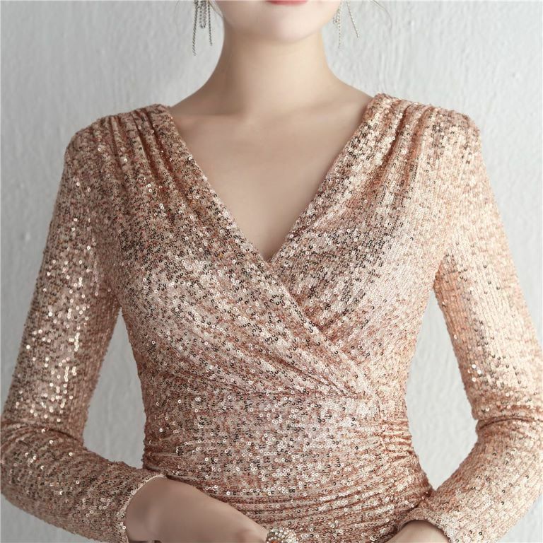 Long Sleeve Sequins Fitted Dress (Rose Gold) (Made To Order)