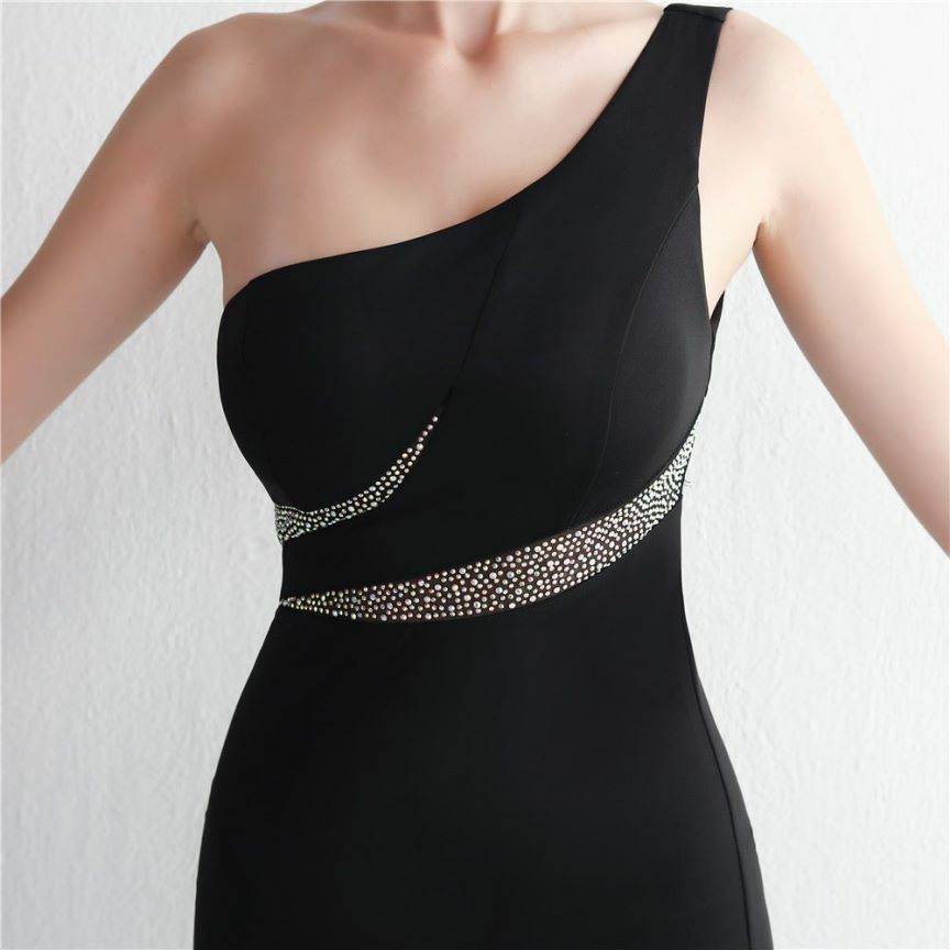 Elegant One Side Off Shoulder with High Slit Gowns (Black) (Made To Order)