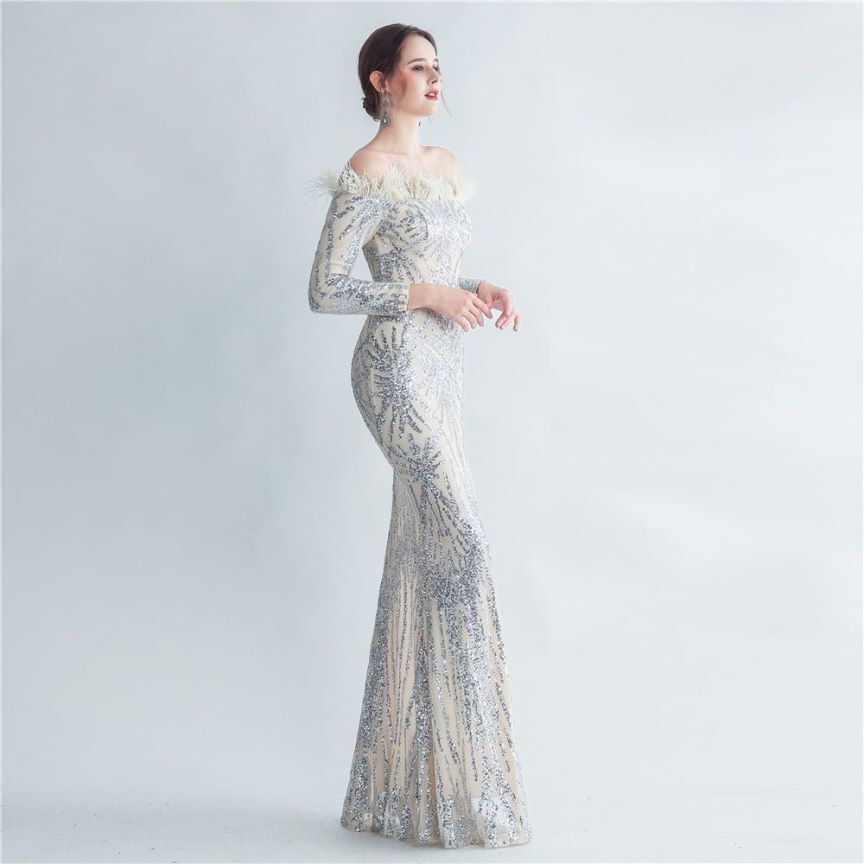 Off Shoulder Feather Sequins with High Slit Gown (Silver) (Made To Order)