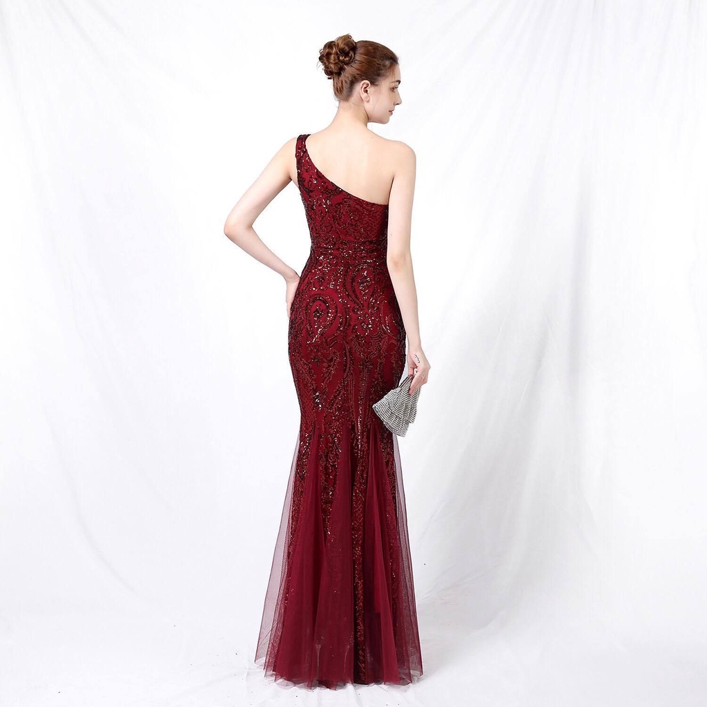 One Side Shoulder Sequins Mermaid Evening Gown (Burgundy) (Made To Order)