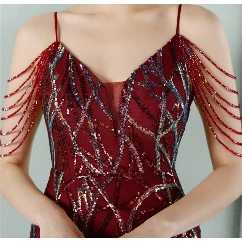 Spaghetti Pattern Sequins Mermaid Evening Gown (Maroon) (Made To Order)