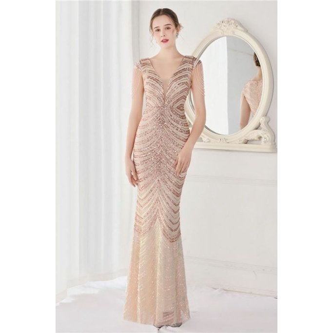 Illusion V-Neck Sequins with Beads Mermaid Evening Gown (Rose Gold) (Made To Order)