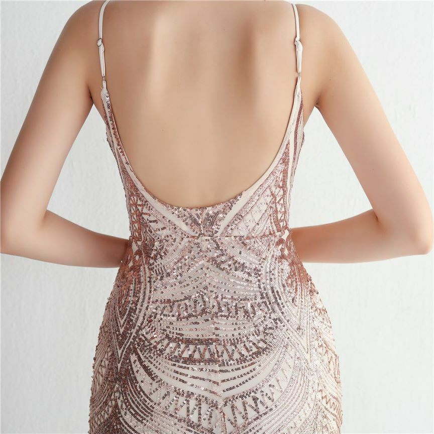 Low Back Spaghetti Mermaid Evening Gown (Gold) (Made To Order)