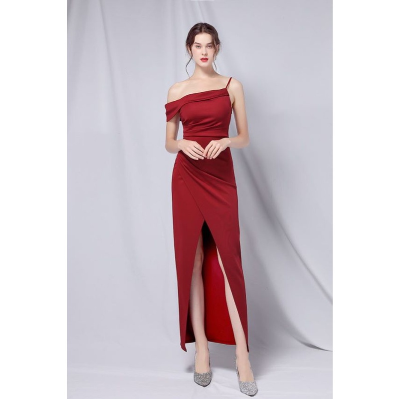 One Side Shoulder Pleated Slit Midi Dress (Maroon) (Made To Order)