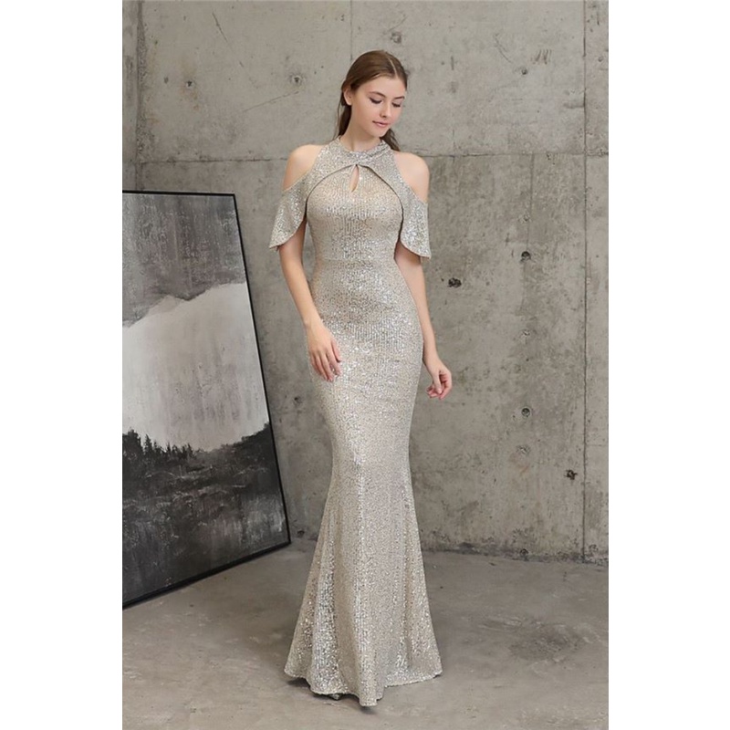 Cold Shoulder Sequins Mermaid Evening Gown (Silver) (Made To Order)