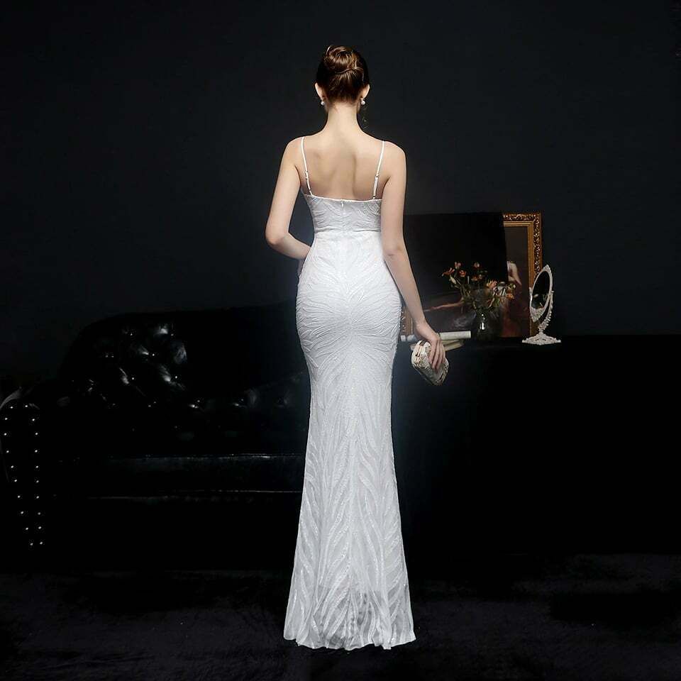 [ReadyStock] Spaghetti Sequins Pattern Mermaid Gown - White
