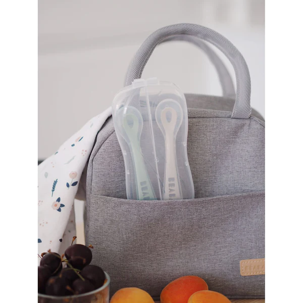 Beaba 2nd Stage Soft Silicone Spoon With Case - Velvet Grey/Sage Green-Bebehaus