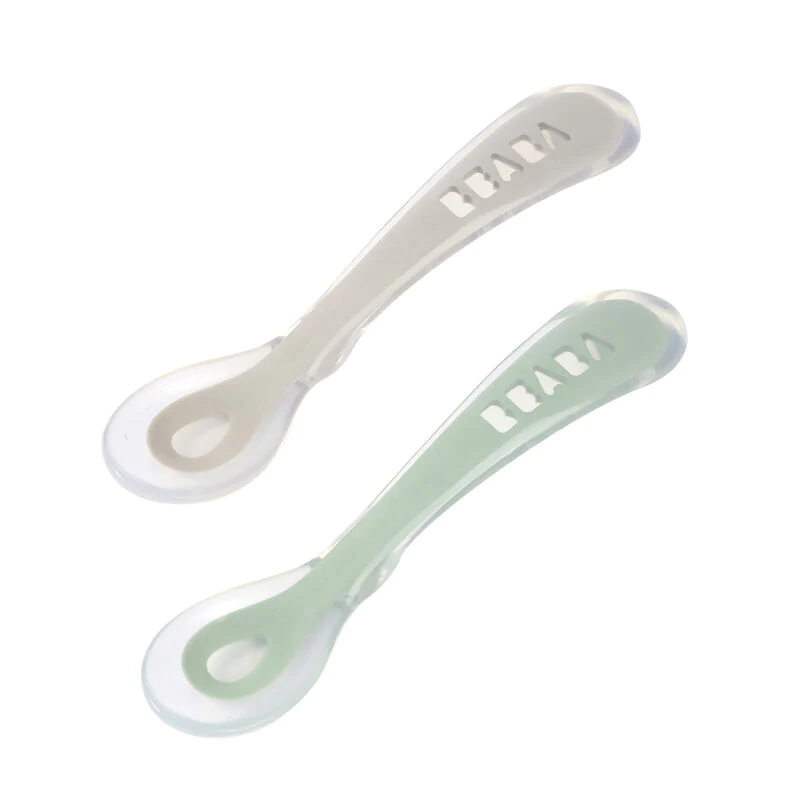Beaba 2nd Stage Soft Silicone Spoon With Case - Velvet Grey/Sage Green-Bebehaus