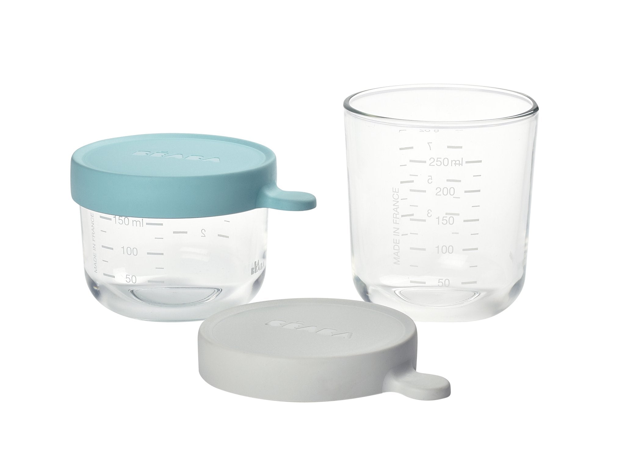 Beaba Set of 2 Glass Container-150ml/250ml (AiryGreen/Light Mist,Blue/Neon,Dark Pink/Pink,Baby Pink/Navy)-Bebehaus