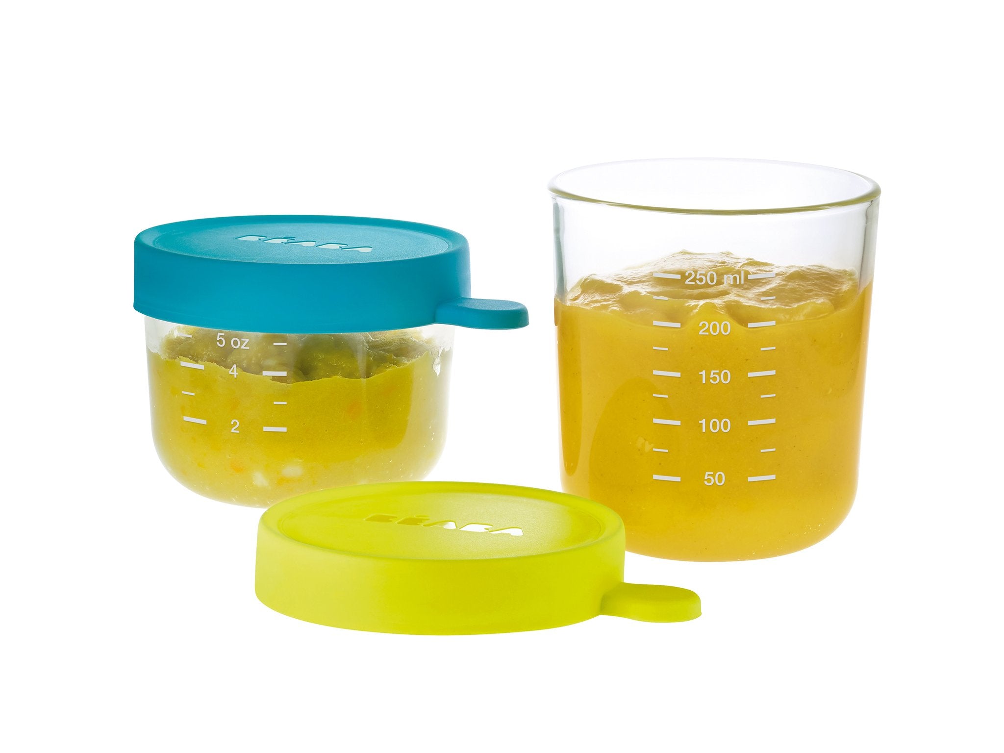 Beaba Set of 2 Glass Container-150ml/250ml (AiryGreen/Light Mist,Blue/Neon,Dark Pink/Pink,Baby Pink/Navy)-Bebehaus