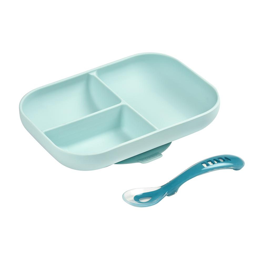 Beaba Silicon Plate Divided+Spoon - (Blue,Pink,Grey)-Bebehaus