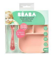 Beaba Silicon Plate Divided+Spoon - (Blue,Pink,Grey)-Bebehaus
