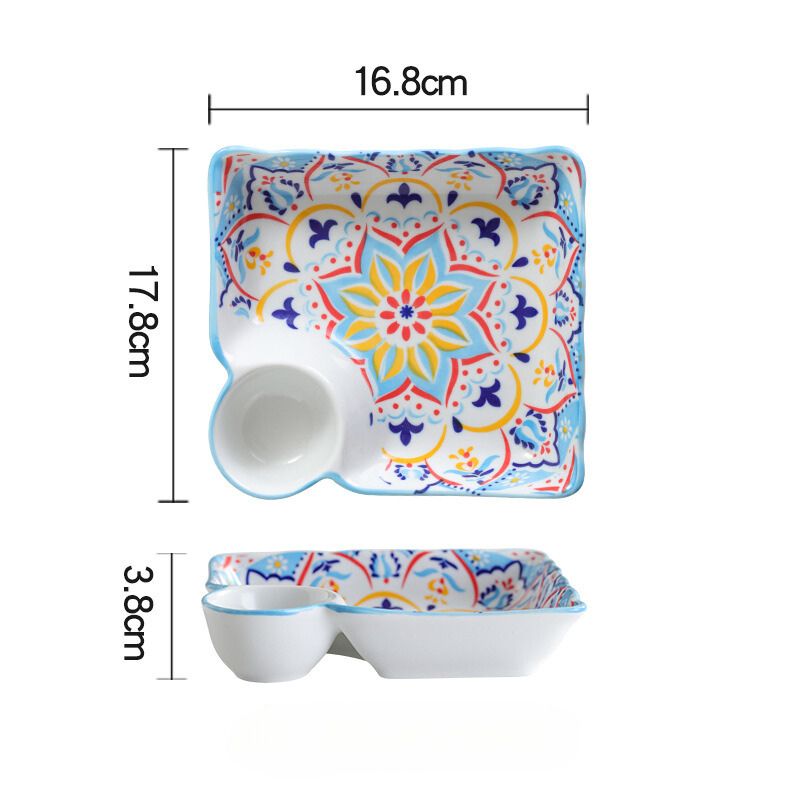 Khay vuông có ô chấm bohemian hoa xanh khắc 18.5x3.5cm	