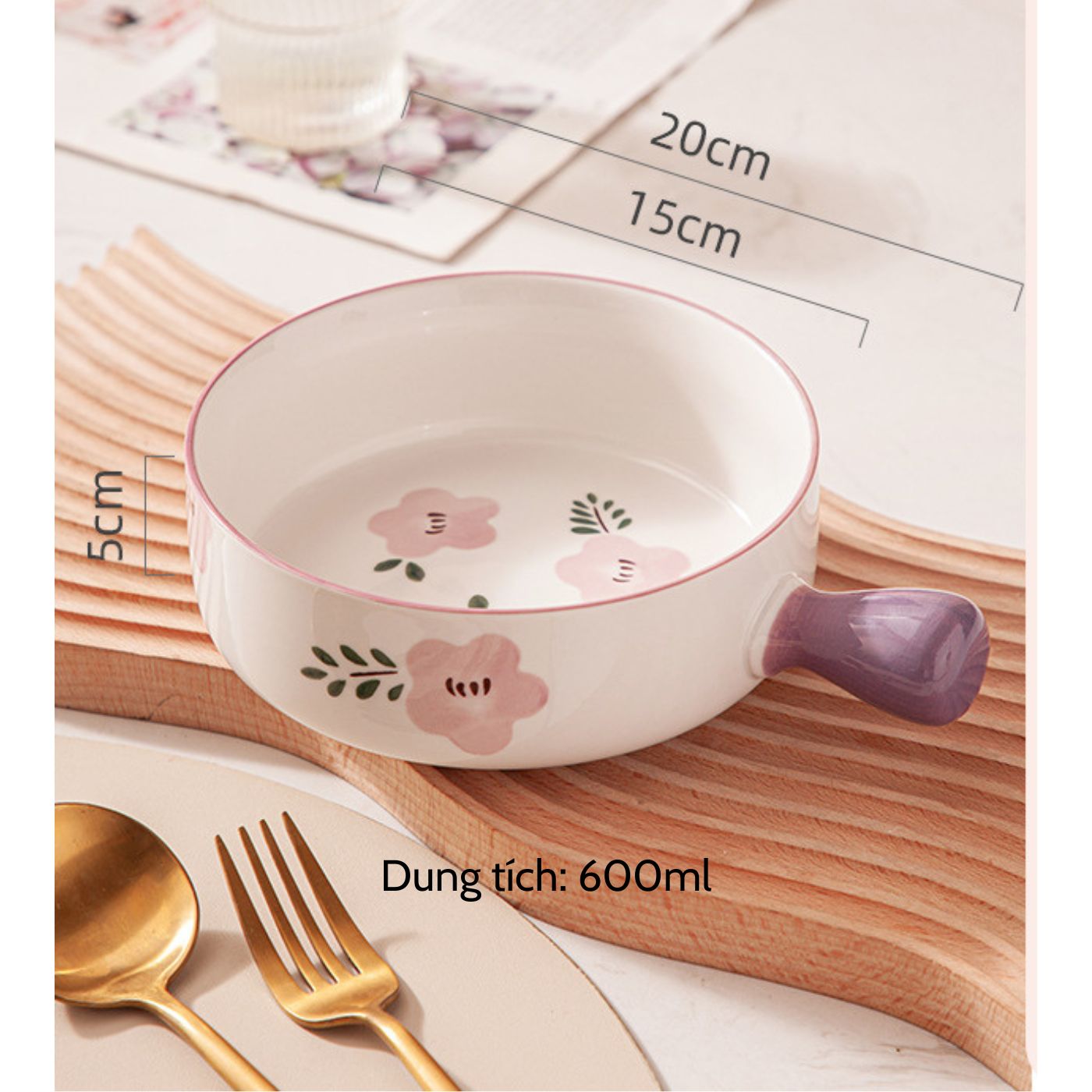 Thố tay cầm hoa tím 15x5cm (600ml)