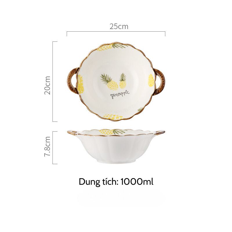 Bát trộn 2 quai viền hoa dứa mới 20x7.8cm