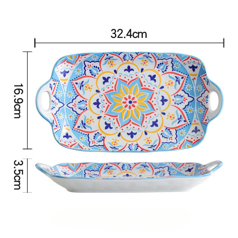 Khay chữ nhật 2 quai bohemian hoa xanh khắc 32.5x17x3.5cm