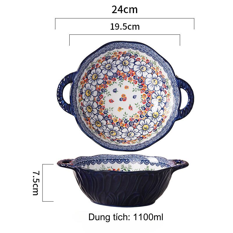 Bát canh 2 quai rỗng hoa cúc xanh 1100ml (19.5x7.5cm)