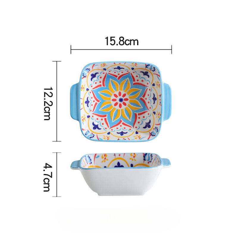 Bát vuông 2 tai bohemian hoa xanh khắc 15.512x5cm/300ml