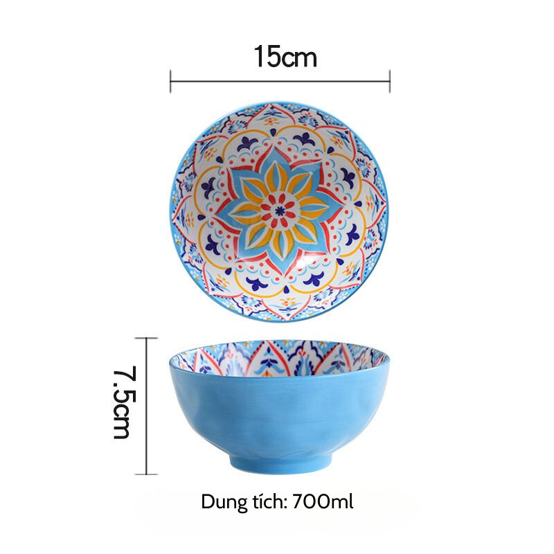 Tô canh bohemian hoa xanh khắc 15x7.5cm (700ml)