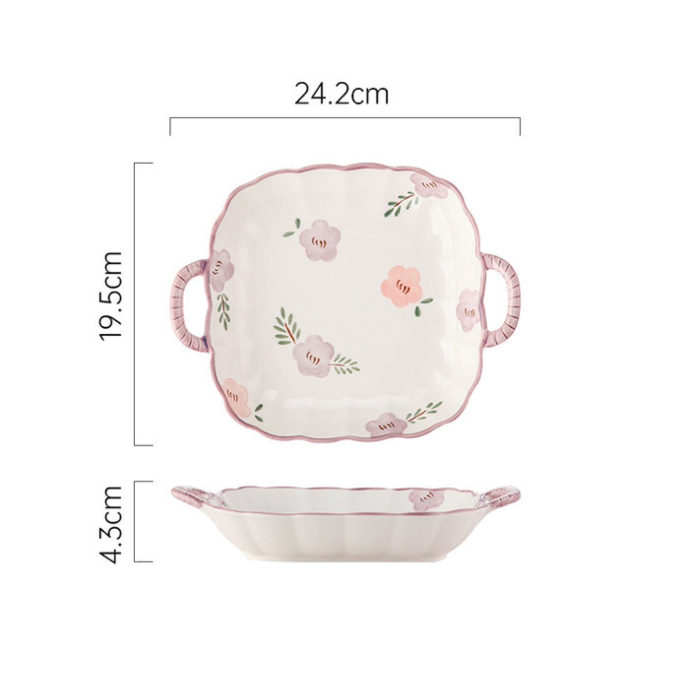 Khay vuông 2 quai hoa tím 19.5x4.3cm