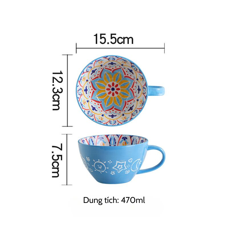 Cốc bohemian hoa xanh khắc 500ml