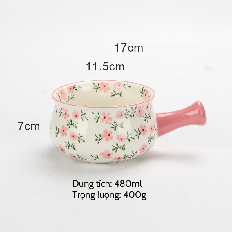 Thố có tay cầm hoa nhí hồng 480ml