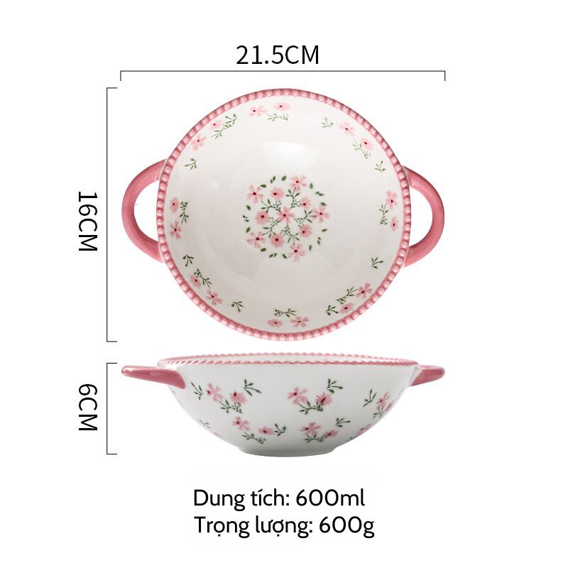 Bát trộn 2 quai rỗng hoa nhí hồng 16x6cm (600ml)
