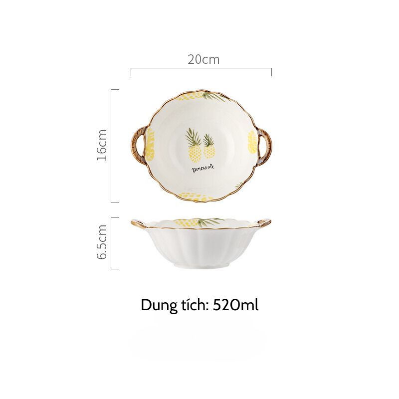 Bát trộn 2 quai viền hoa dứa mới 16x6.5cm (520ml)
