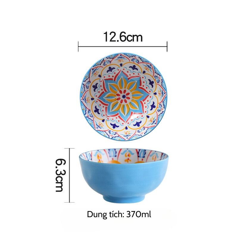 Bát nhỡ bohemian hoa xanh khắc 370ml