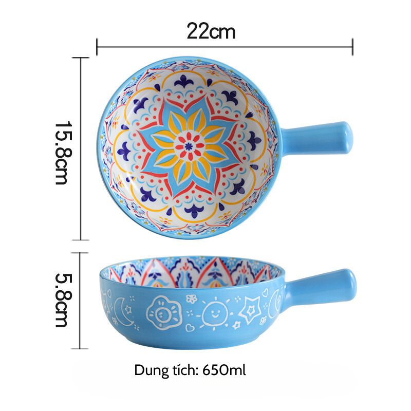 Thố tròn có tay cầm Bohemian hoa xanh khắc 16x5.8cm/650ml