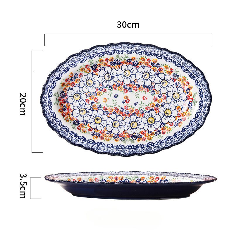 Đĩa oval hoa cúc xanh 30x20x3.5cm