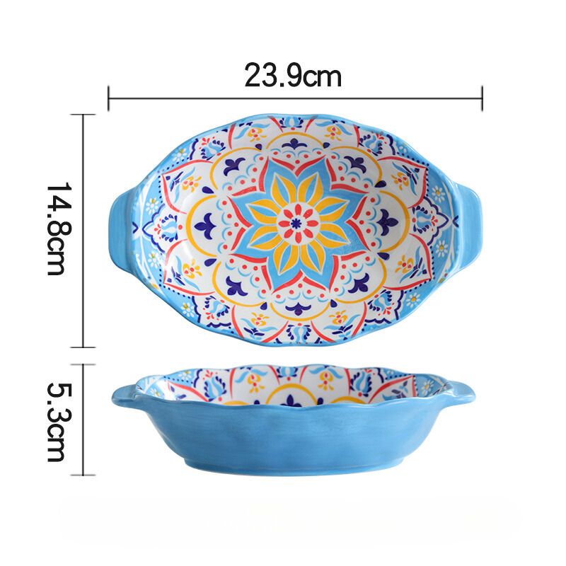 Khay oval 2 tai bohemian hoa xanh khắc 24x15x5.3cm
