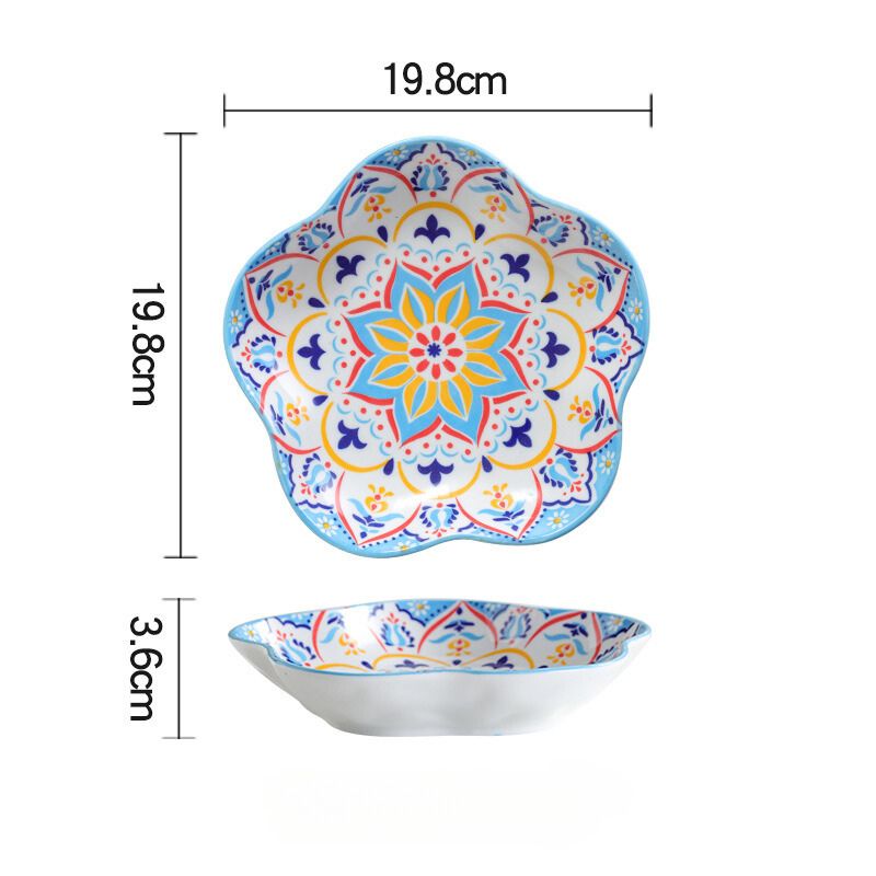 Đĩa hoa 5 cánh bohemian hoa xanh khắc 20x3.6cm