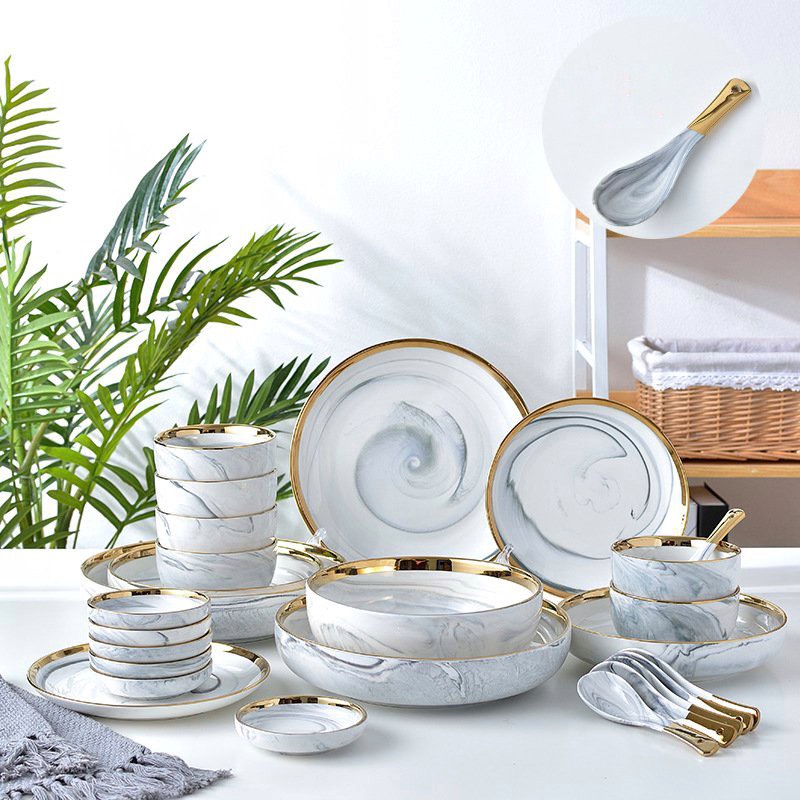 Bát ăn cơm vân đá xám viền vàng