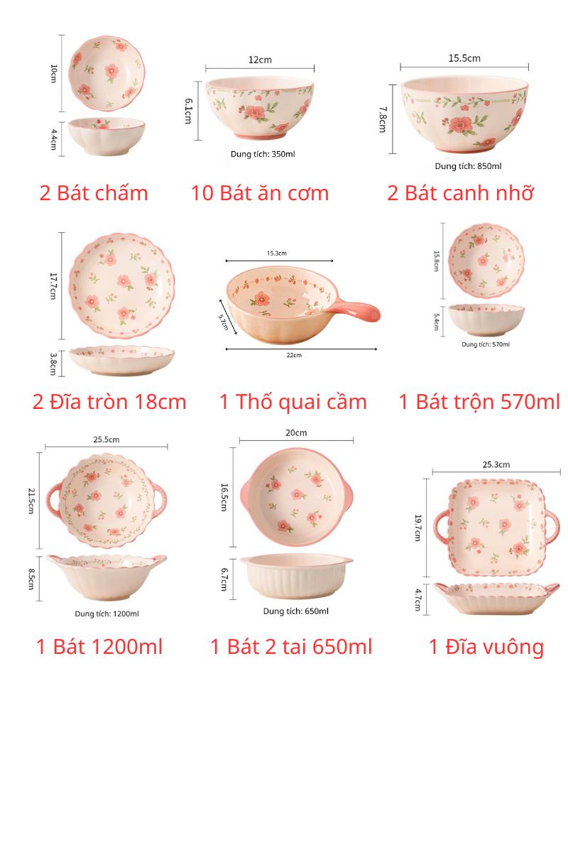 Bộ bát hoa đào 21 món dành cho 10 người